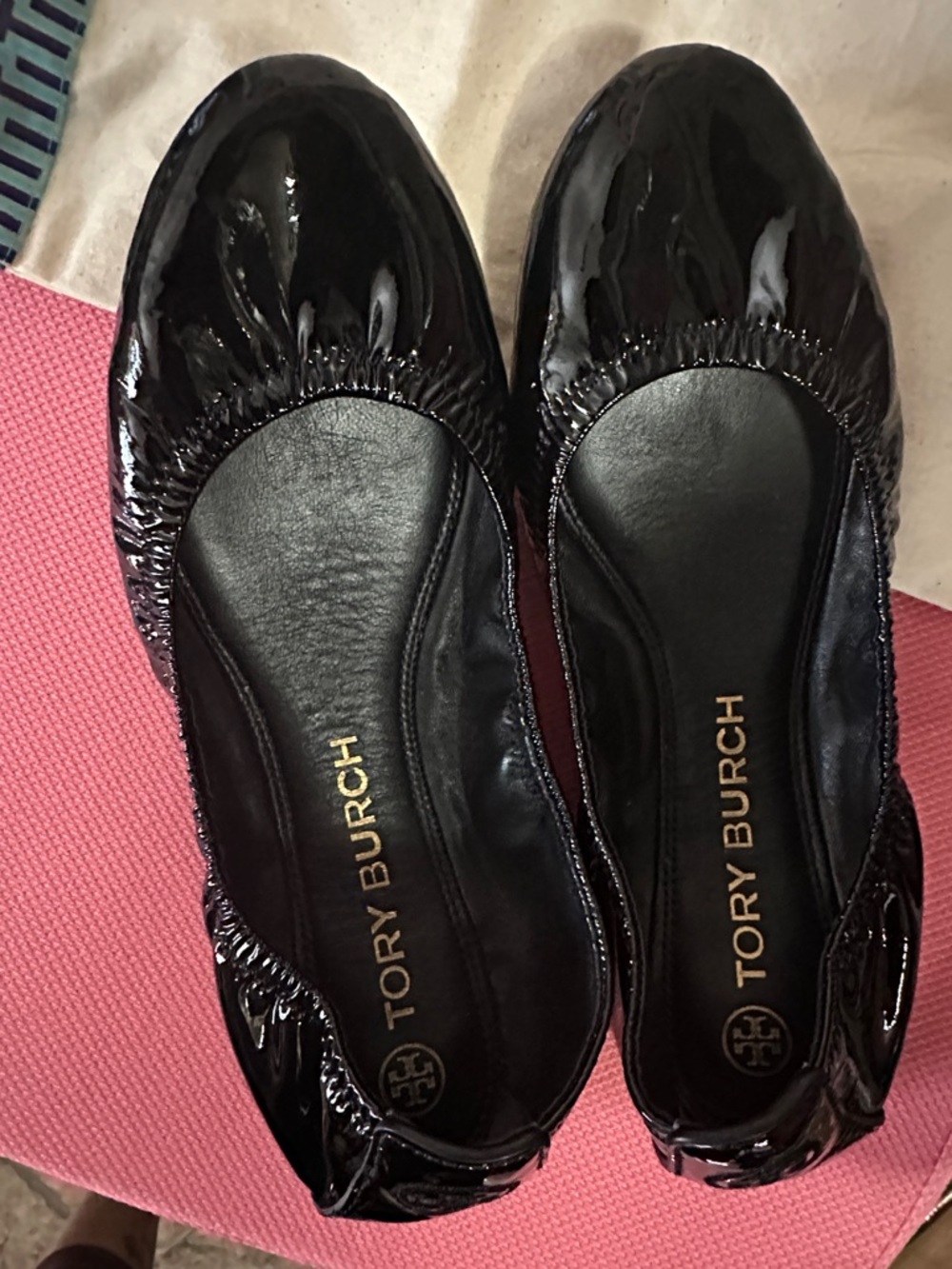 Tory Burch Black Patent Leather Elastic Ballet Flats with dust bag
